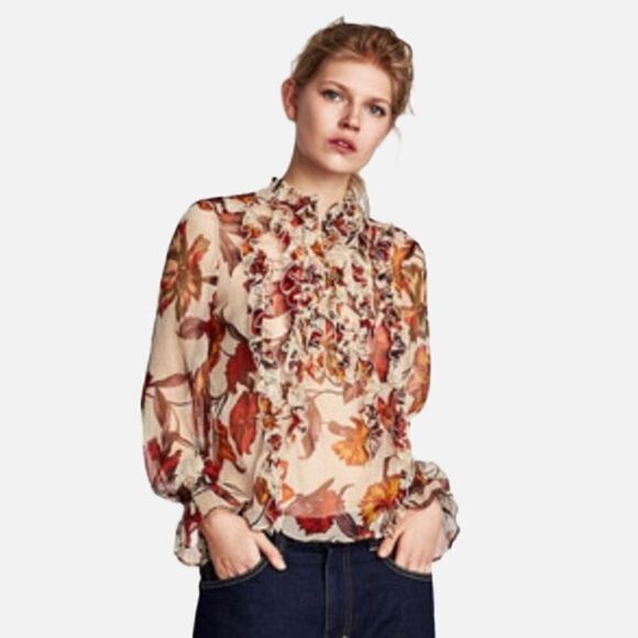 Zara Floral Ruffle Sheer Top - Picture 1 of 8